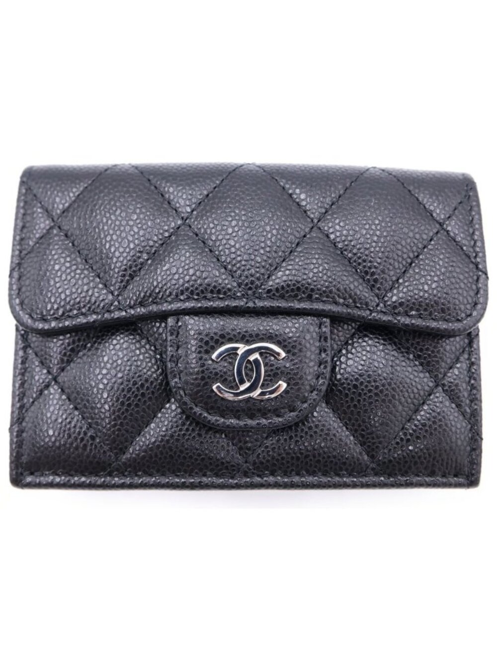 Chanel Quilted Small Classic Compact Wallet Trifold Caviar Leather Black Silver